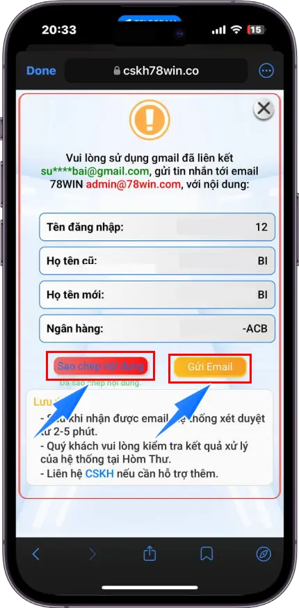 Bước 5 : Sao chép nội dung - Dùng EMAIL đăng ký tài khoản >> Gửi thông tin đã sao chép đến EMAIL của hệ thống >> Chờ xét duyệt trong vài phút